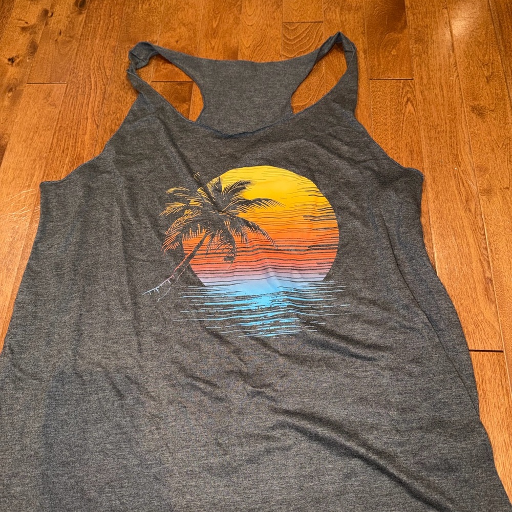 Gray Tank Top with Sunset Palm Tree Design